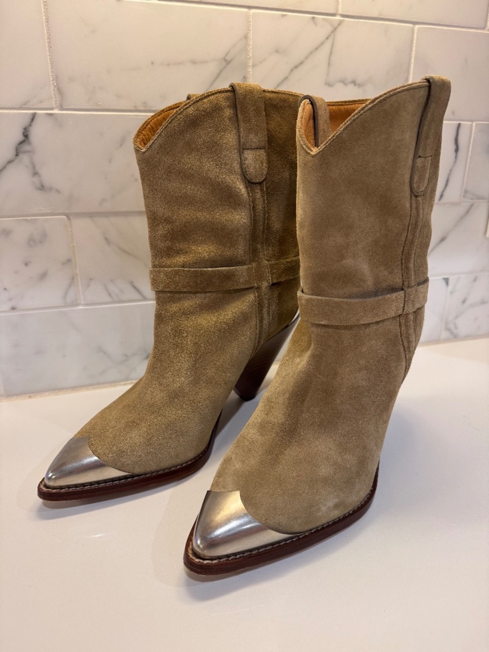 Isabel Marant Lamsy Suede Western Ankle Boots Silver Metal Toe Taupe